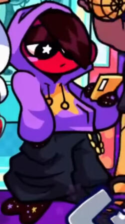 Pepper (plant demon?, eyeshadow, dark-dyed stem growing downwards, star eyes) with a purple hoodie and a gold star on it. He has one hand in his pocket and Tea (his mom's) phone in the other and using it. He's also wearing blue-gray sweatpants and a